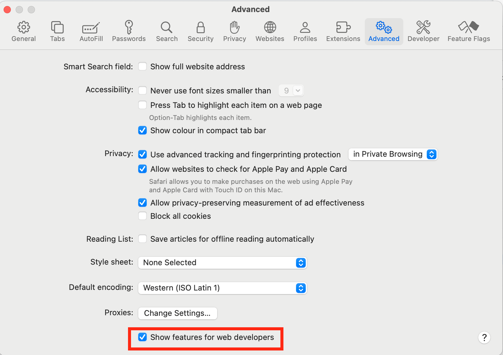 A screenshot of Safari's Advanced settings showing how to turn on features for developers to remove malware from Mac. A screenshot of Safari's Advanced settings showing how to turn on features for developers to remove malware from Mac.