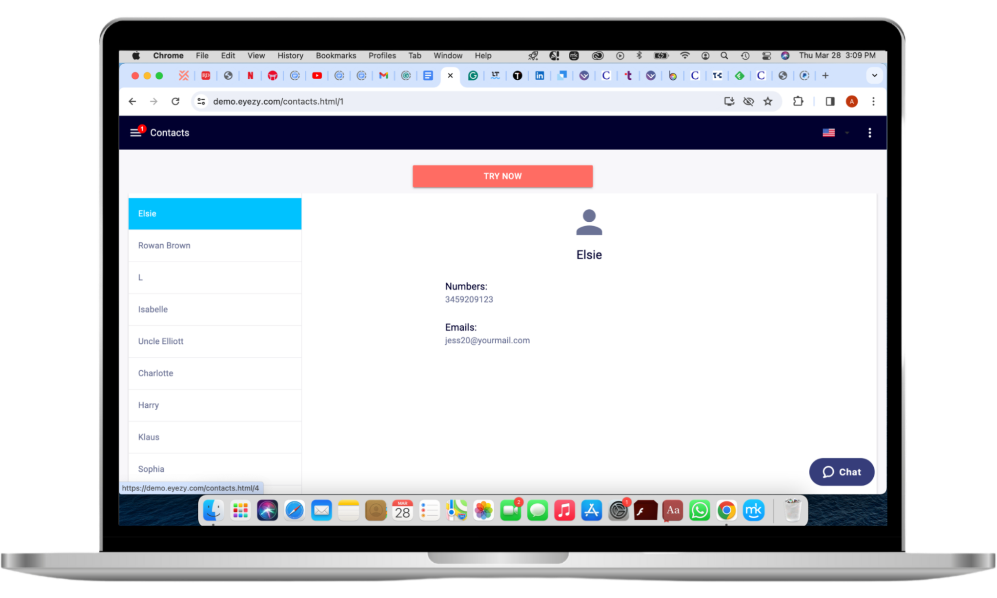 A screenshot of a demo of the Eyezy app's phone analyzer tool. It shows data from the Contacts feature, namely someone's name, number, and email address. A screenshot of a demo of the Eyezy app's phone analyzer tool. It shows data from the Contacts feature, namely someone's name, number, and email address.