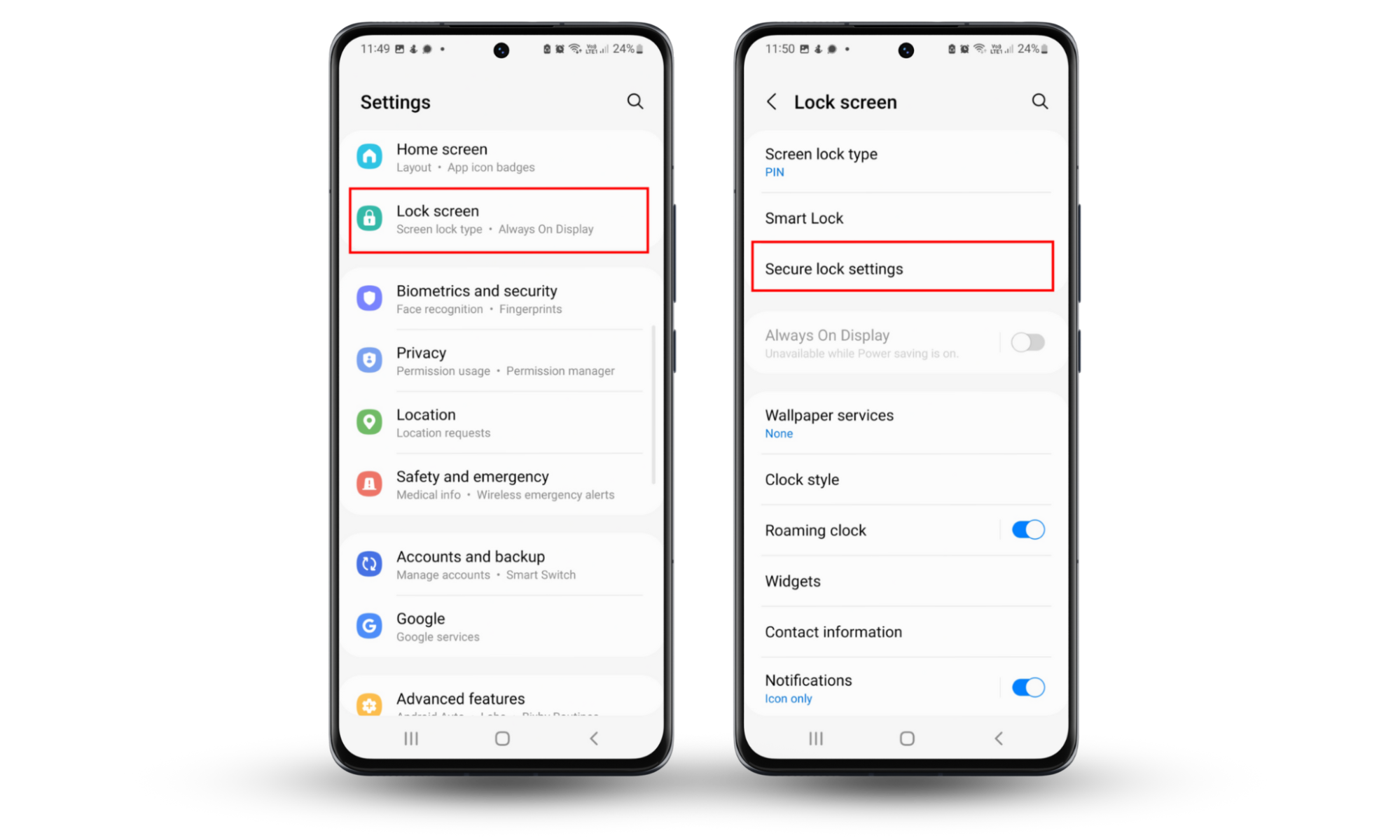 Screenshots of the Android settings menu showing how to access Secure lock settings. Screenshots of the Android settings menu showing how to access Secure lock settings.