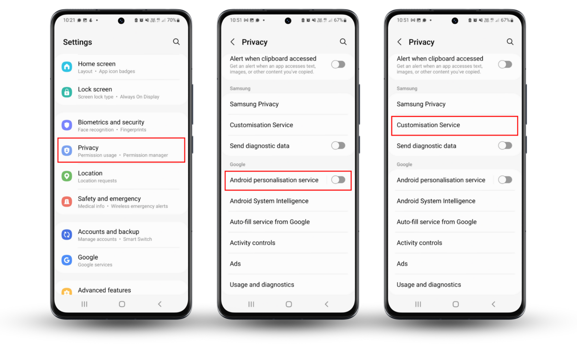 Android screenshots showing how to turn off Android's personalization service to prevent your phone from being tracked. Android screenshots showing how to turn off Android's personalization service to prevent your phone from being tracked.