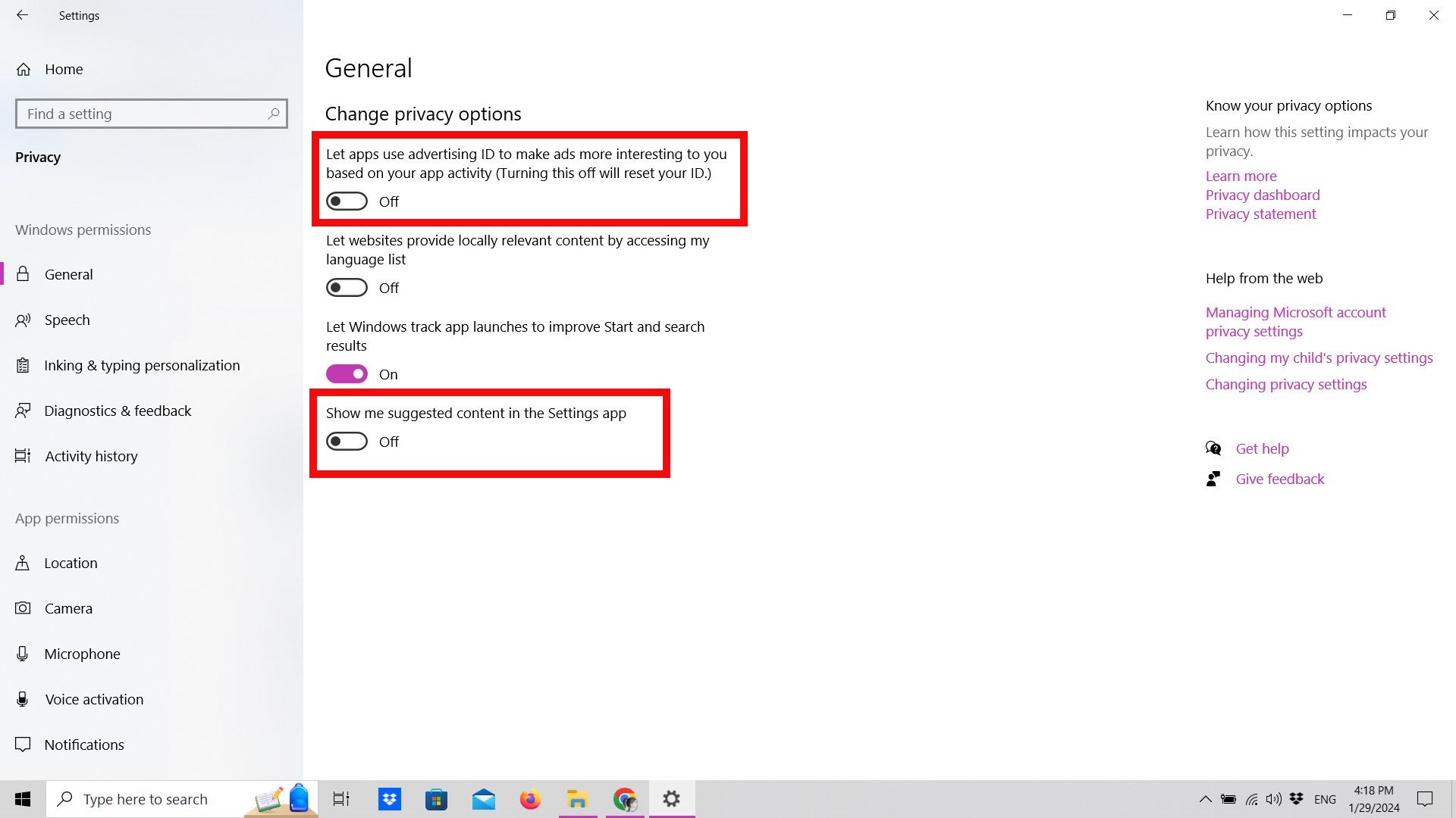 Screenshot of the General privacy settings in Windows 10 Screenshot of the General privacy settings in Windows 10