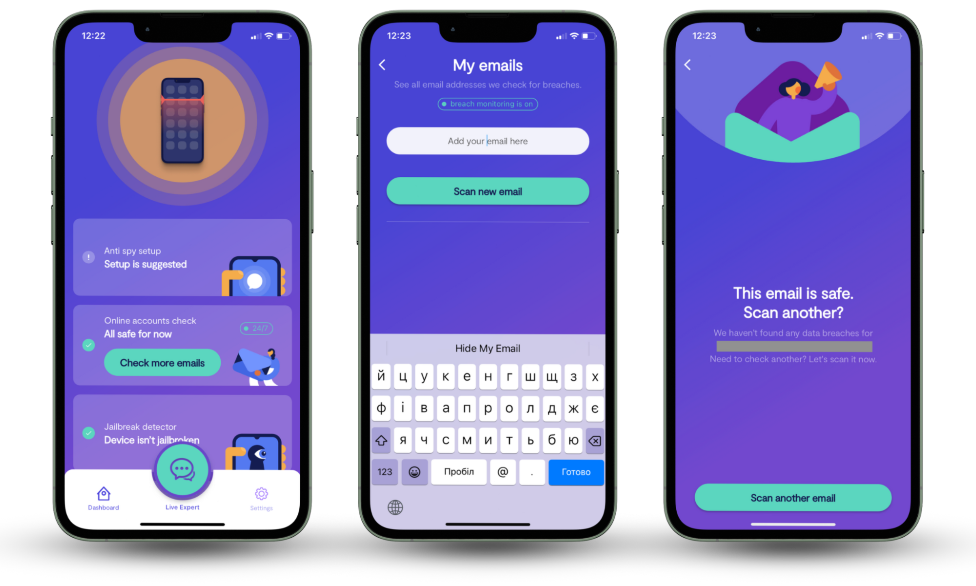 Screenshot of the Clario AntiSpy dashboard on iPhone showing how to run a data breach scan to see if your personal information has been leaked. Screenshot of the Clario AntiSpy dashboard on iPhone showing how to run a data breach scan to see if your personal information has been leaked.