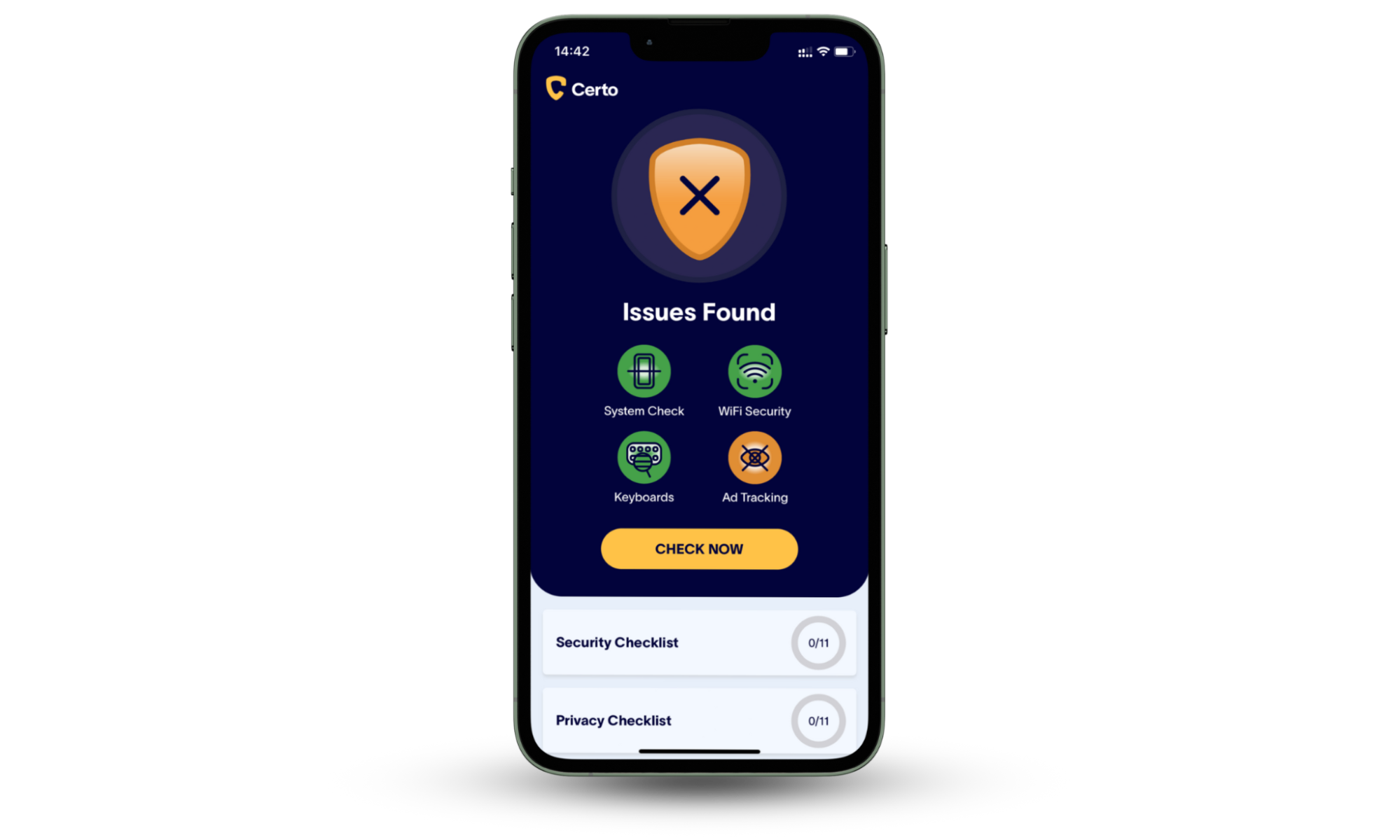 The Certo Mobile Security app is displayed on an iPhone. For this Certo AntiSpy review, the image shows users what the app looks like. The Certo Mobile Security app is displayed on an iPhone. For this Certo AntiSpy review, the image shows users what the app looks like.