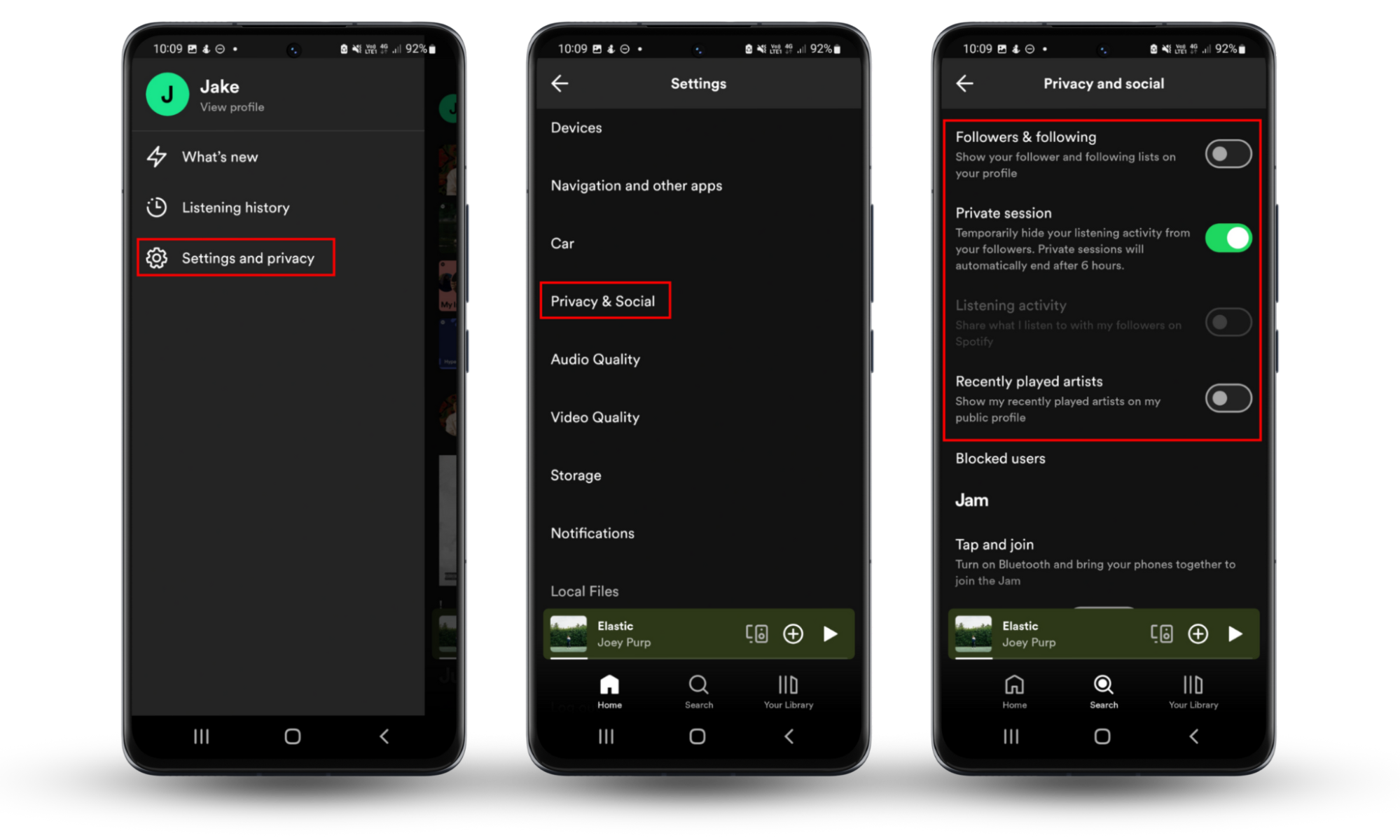 Android screenshots showing how to stop an ex from stalking your Spotify by enabling all privacy controls. Android screenshots showing how to stop an ex from stalking your Spotify by enabling all privacy controls.