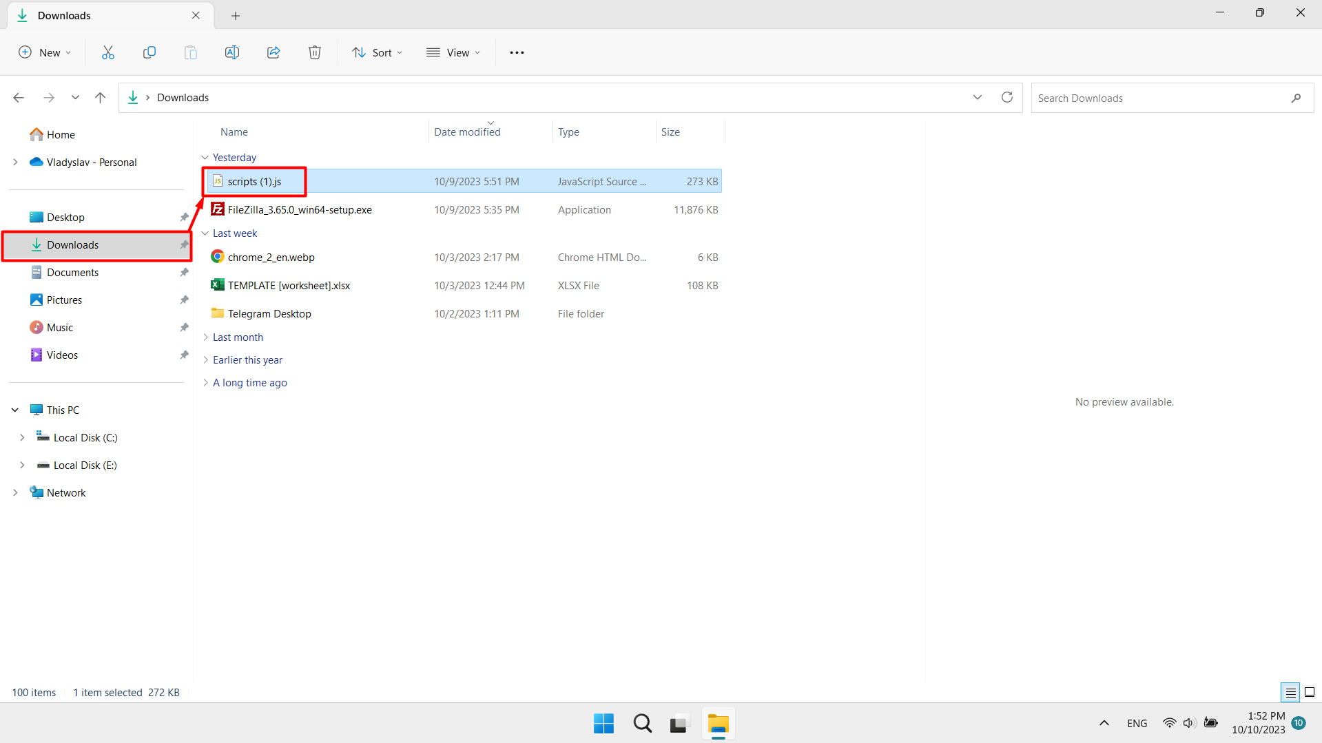 Selecting files to delete in the Downloads folder on a Windows computer. Selecting files to delete in the Downloads folder on a Windows computer.