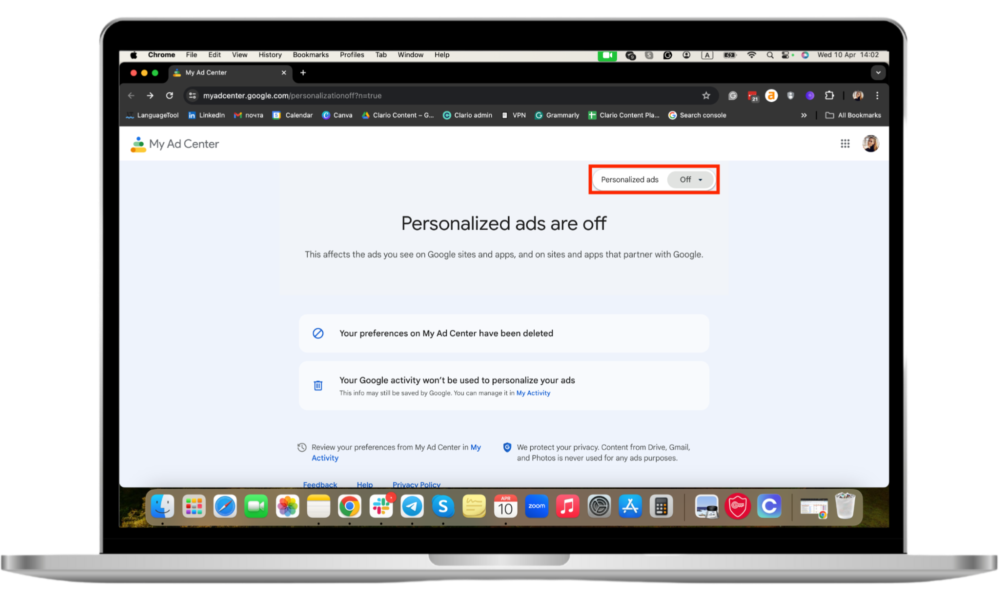 Screenshot of Google's My Ad Centre showing how to disable personalized ads to prevent your phone from being tracked. Screenshot of Google's My Ad Centre showing how to disable personalized ads to prevent your phone from being tracked.