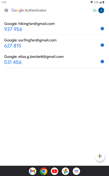 Screenshot of Google Authenticator App codes on Android devic Screenshot of Google Authenticator App codes on Android devic