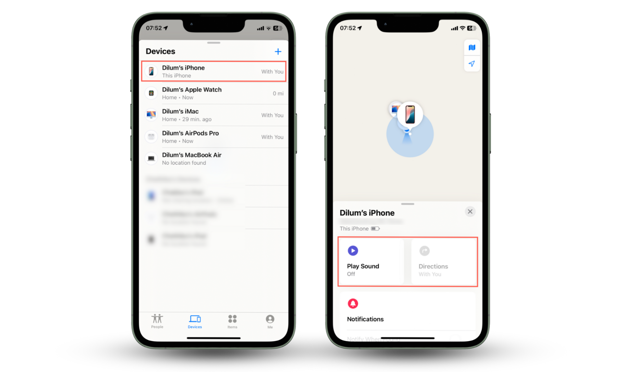 This screenshot shows how to use the Find My app on an Apple device to find a missing iPhone. You must do this before you disable your lost iPhone. This screenshot shows how to use the Find My app on an Apple device to find a missing iPhone. You must do this before you disable your lost iPhone.