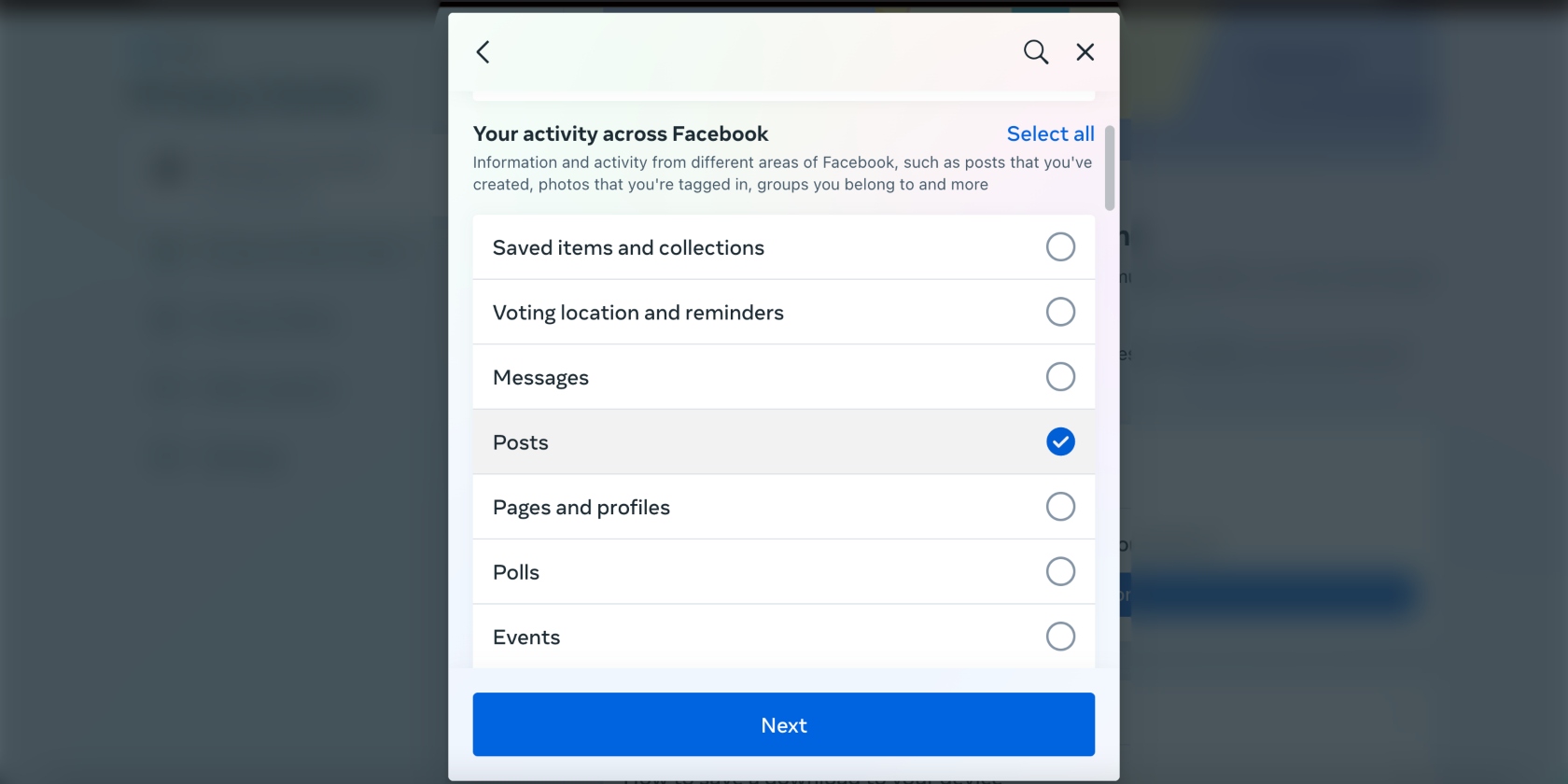 Facebook activity section in data download settings Facebook activity section in data download settings
