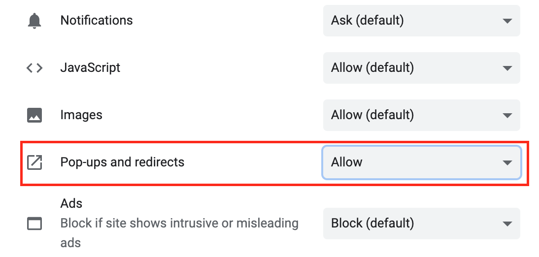 How to allow pop-ups on Mac in Chrome for one website? Open Chrome. Go to the website where you want to allow pop-ups. Click the lock icon, then Site settings. Set the Pop-ups and redirects option to Allow. How to allow pop-ups on Mac in Chrome for one website? Open Chrome. Go to the website where you want to allow pop-ups. Click the lock icon, then Site settings. Set the Pop-ups and redirects option to Allow.