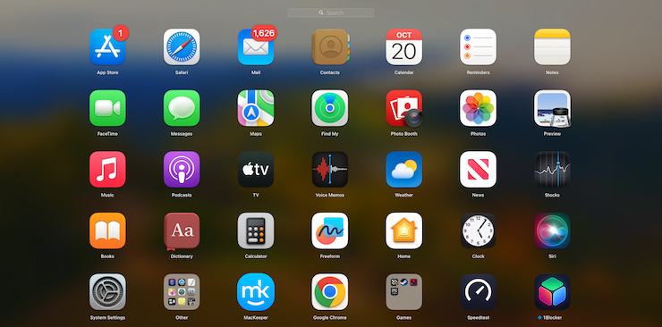 Launchpad in macOS shows all installed apps. Click and hold an icon until it wiggles, then move it to a new location. Hold an icon over another one to create a folder. Launchpad in macOS shows all installed apps. Click and hold an icon until it wiggles, then move it to a new location. Hold an icon over another one to create a folder.