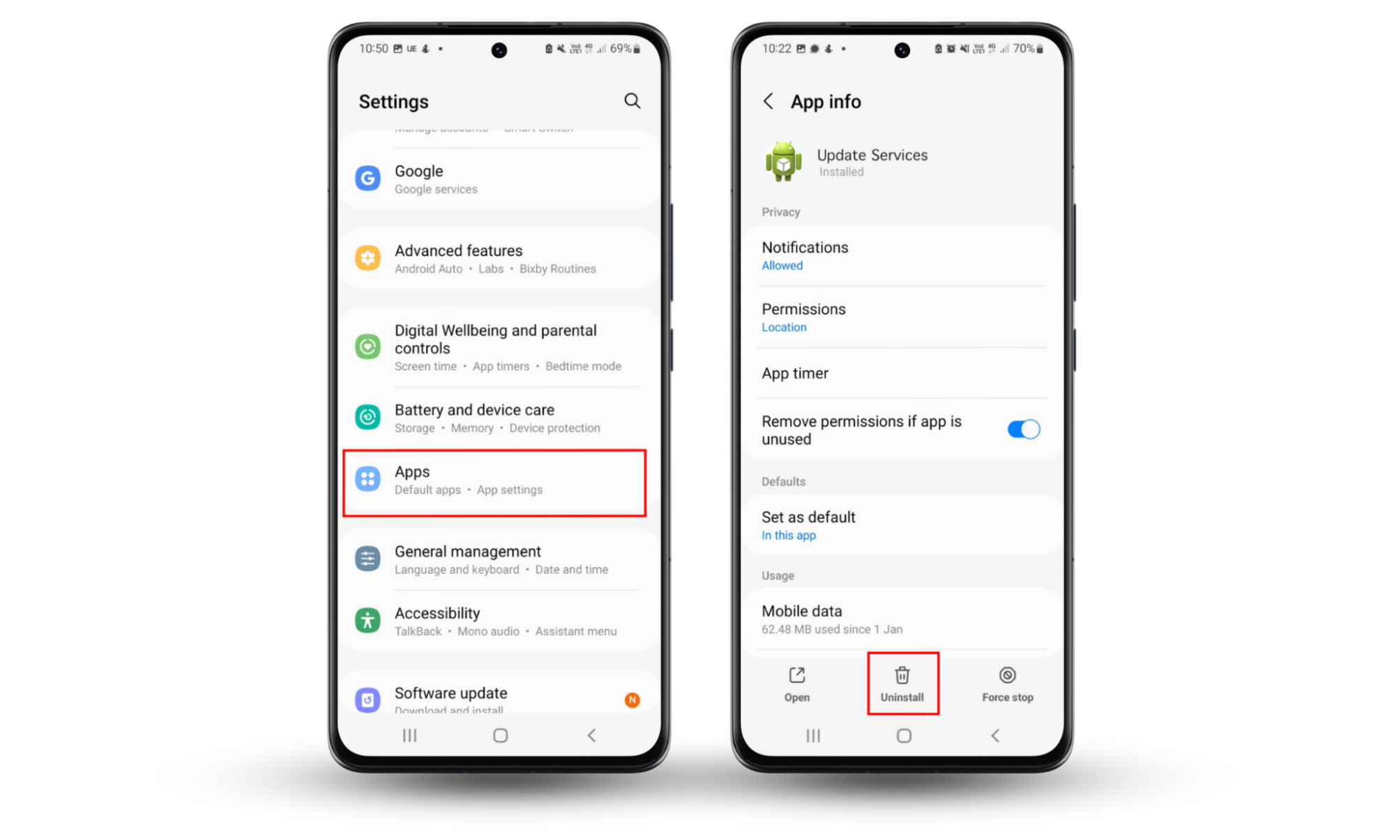 Screenshots showing how to access Android's app list to detect mSpy on Android and uninstall it. Screenshots showing how to access Android's app list to detect mSpy on Android and uninstall it.