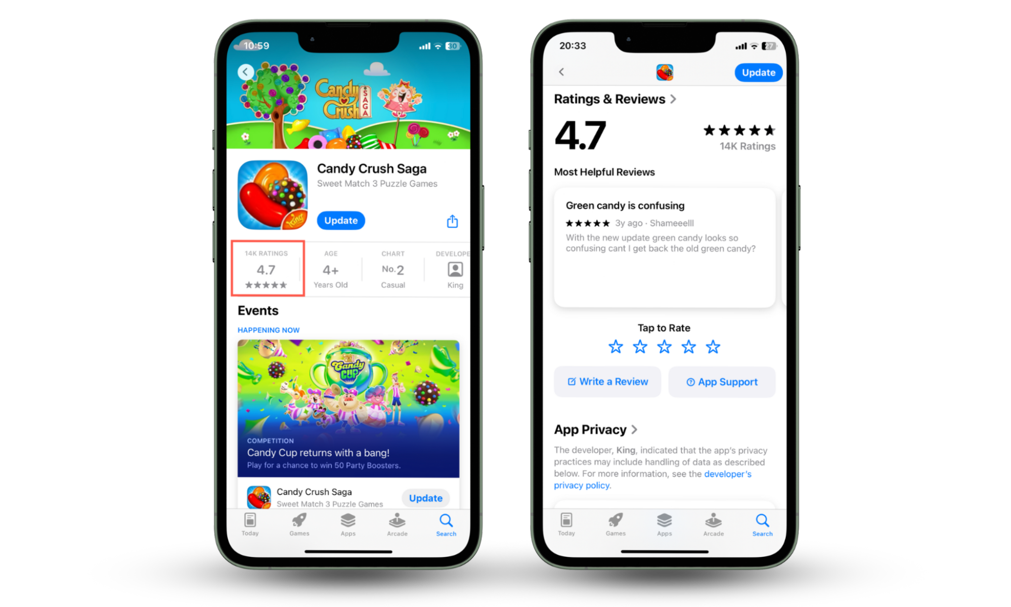 Screenshots showing how to check for scam apps by reading the ratings and reviews of an app via its store page on iPhone and Android. Screenshots showing how to check for scam apps by reading the ratings and reviews of an app via its store page on iPhone and Android.