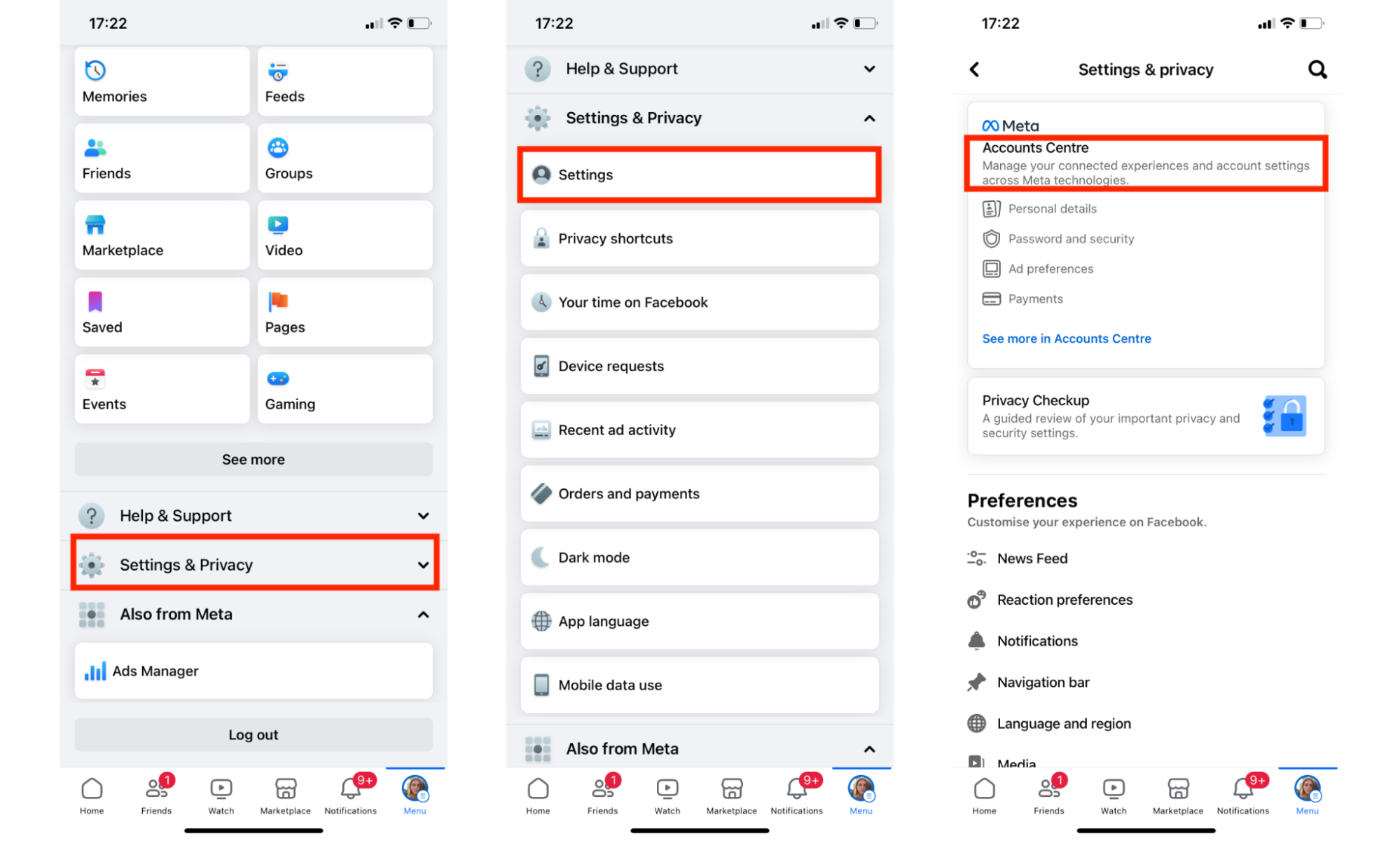 How to get to the Accounts management centre in Facebook app on iPhone How to get to the Accounts management centre in Facebook app on iPhone