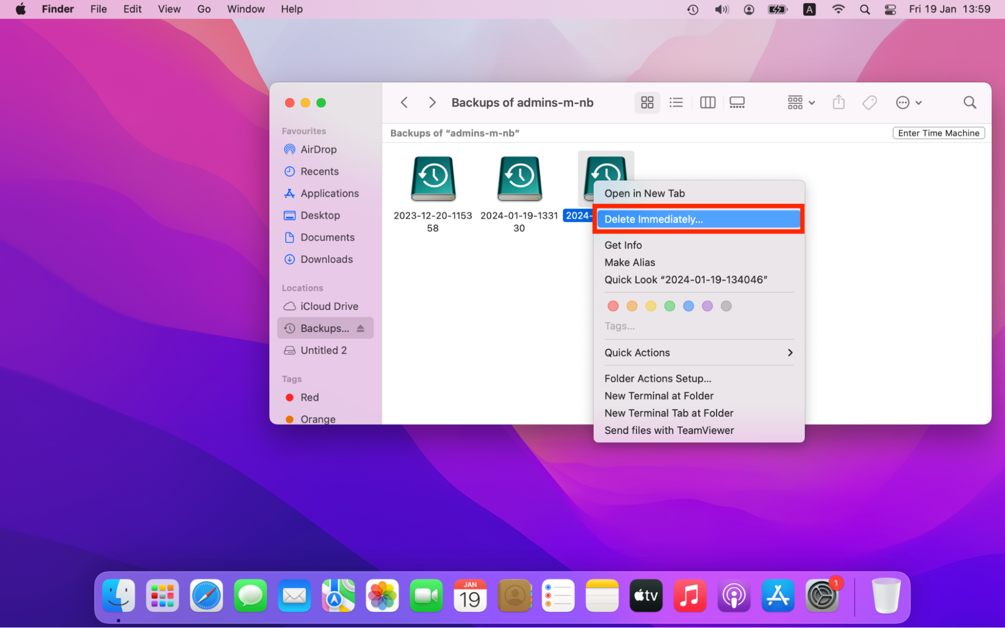 Double clicking an unneeded backup and selecting Delete Immediately from the menu (as highlighted). Double clicking an unneeded backup and selecting Delete Immediately from the menu (as highlighted).