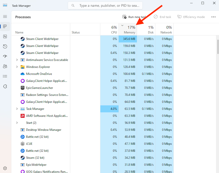 Task Manager in Windows shows all running processes. Click the Memory tab to sort processes by RAM usage. Task Manager in Windows shows all running processes. Click the Memory tab to sort processes by RAM usage.