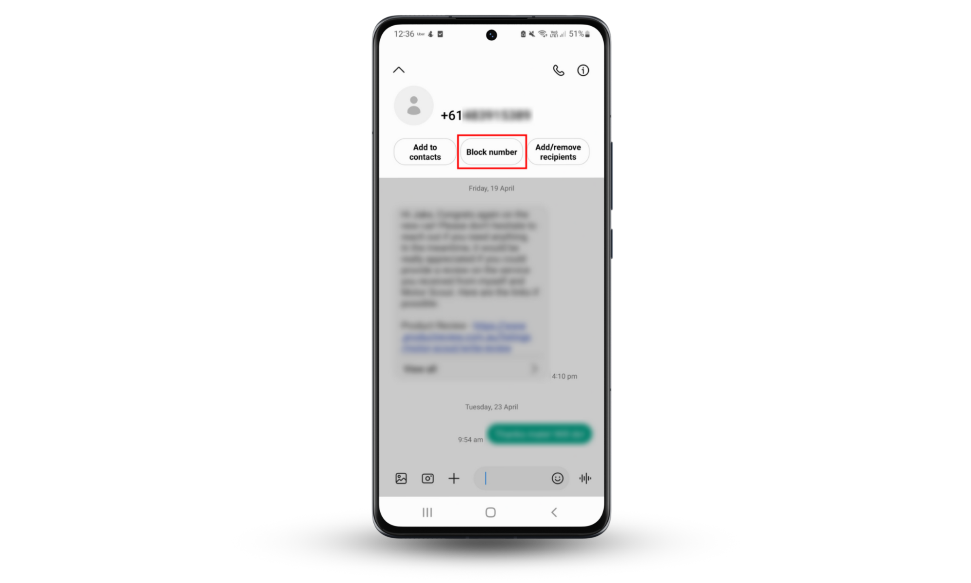 Android screenshots showing how to block numbers to prevent getting hacked by replying to a text. Android screenshots showing how to block numbers to prevent getting hacked by replying to a text.