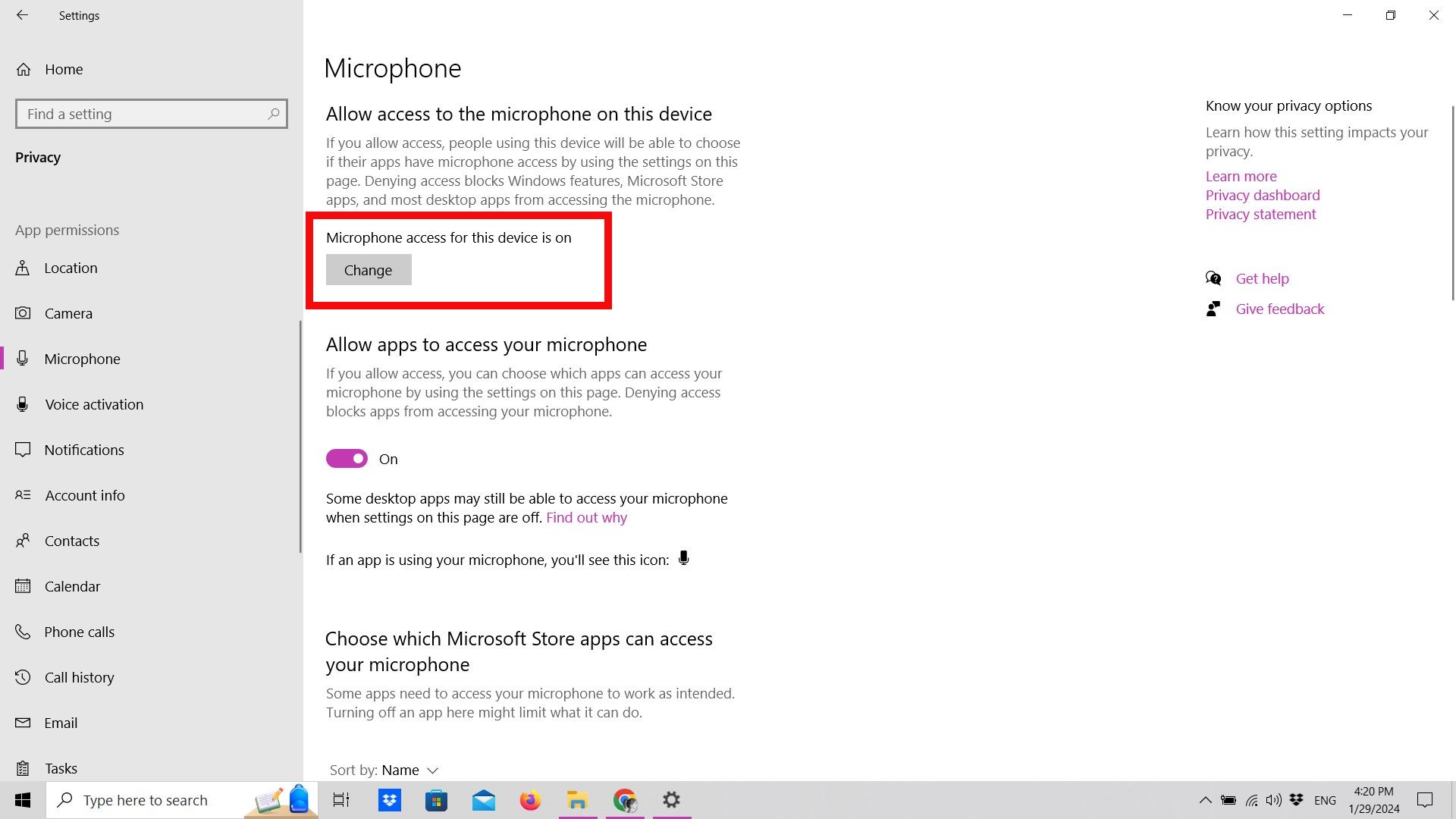 Microphone privacy settings with Change highlighted Microphone privacy settings with Change highlighted
