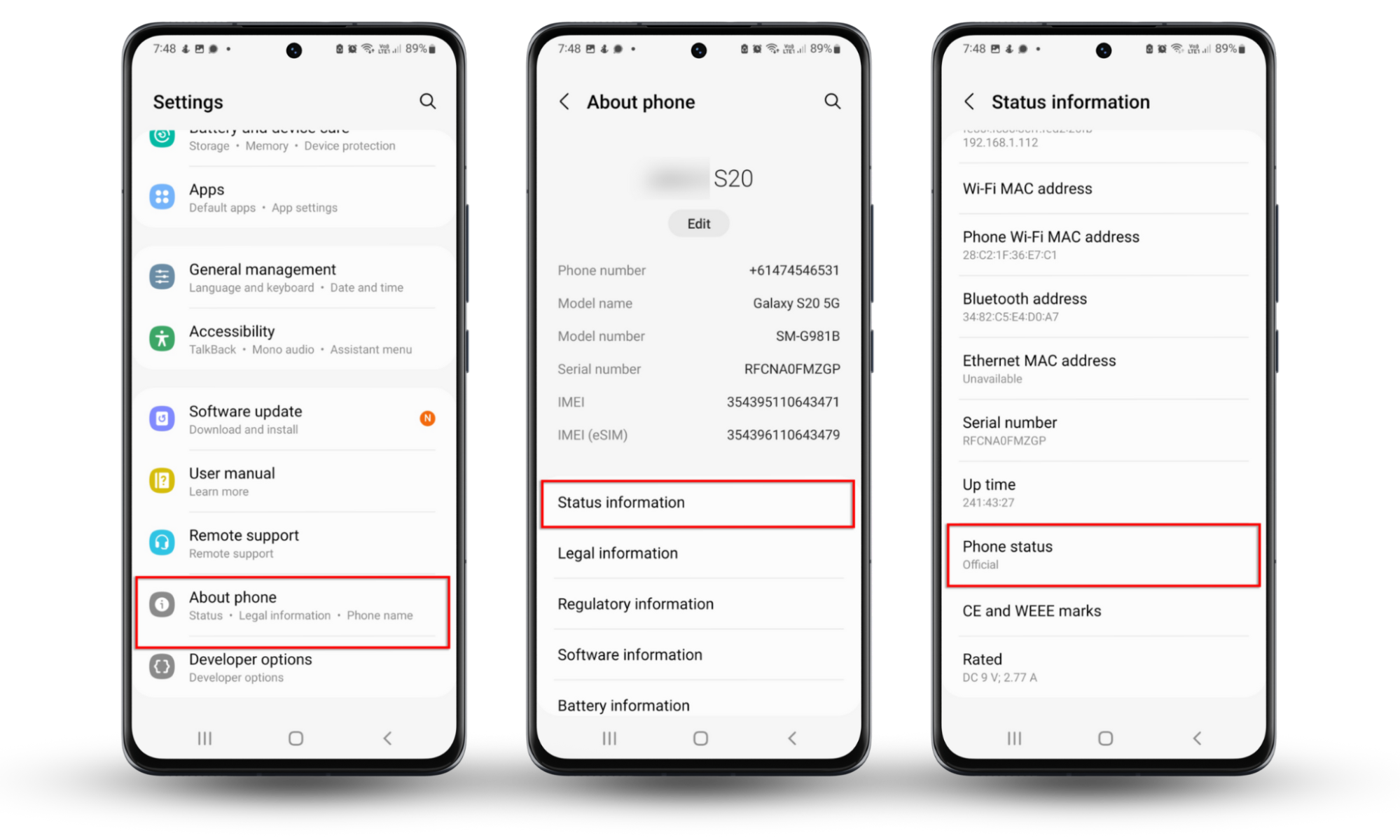 Screenshots showing how to check your Phone Status and detect mSpy on Android devices. Screenshots showing how to check your Phone Status and detect mSpy on Android devices.