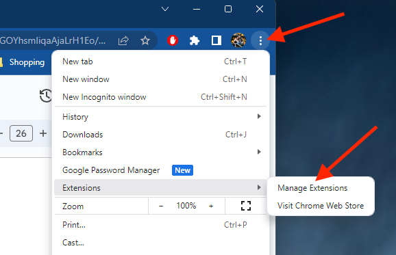 Google Chrome in Windows shows the settings menu. Under Extensions, click Manage Extensions to remove any you no longer use. Google Chrome in Windows shows the settings menu. Under Extensions, click Manage Extensions to remove any you no longer use.