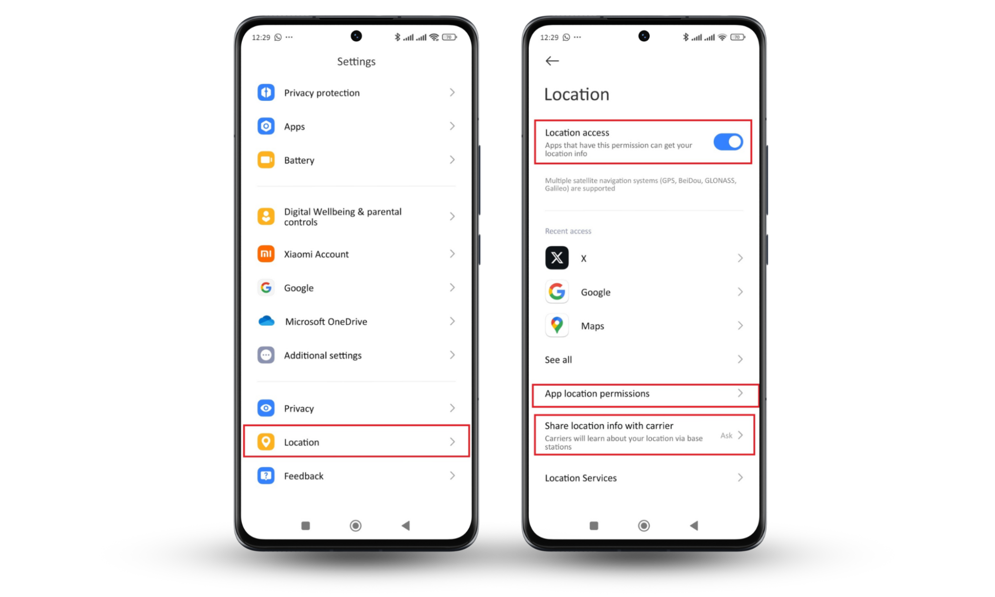 Screenshots showing the Location settings on Android, with options to manage location access, app location permissions, and carrier sharing, since airplane mode doesn't disable location tracking Screenshots showing the Location settings on Android, with options to manage location access, app location permissions, and carrier sharing, since airplane mode doesn't disable location tracking
