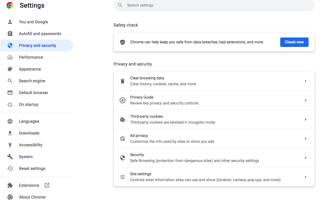 The Settings window in Google Chrome, under the Privacy and Settings tab on a macOS . The Settings window in Google Chrome, under the Privacy and Settings tab on a macOS .