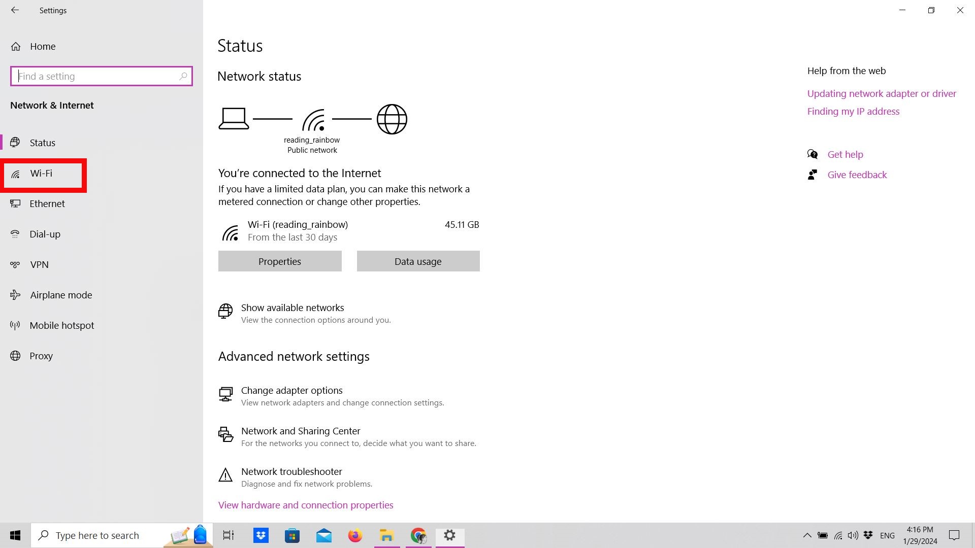 Network & Internet settings in Settings Network & Internet settings in Settings