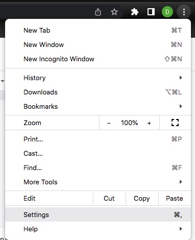 Google Chrome's three-dot drop menu collapsed, highlighting Settings. Google Chrome's three-dot drop menu collapsed, highlighting Settings.