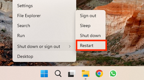 Windows shows the shut down menu after right-clicking the Windows icon in the task bar. Click Restart to restart your computer. Windows shows the shut down menu after right-clicking the Windows icon in the task bar. Click Restart to restart your computer.