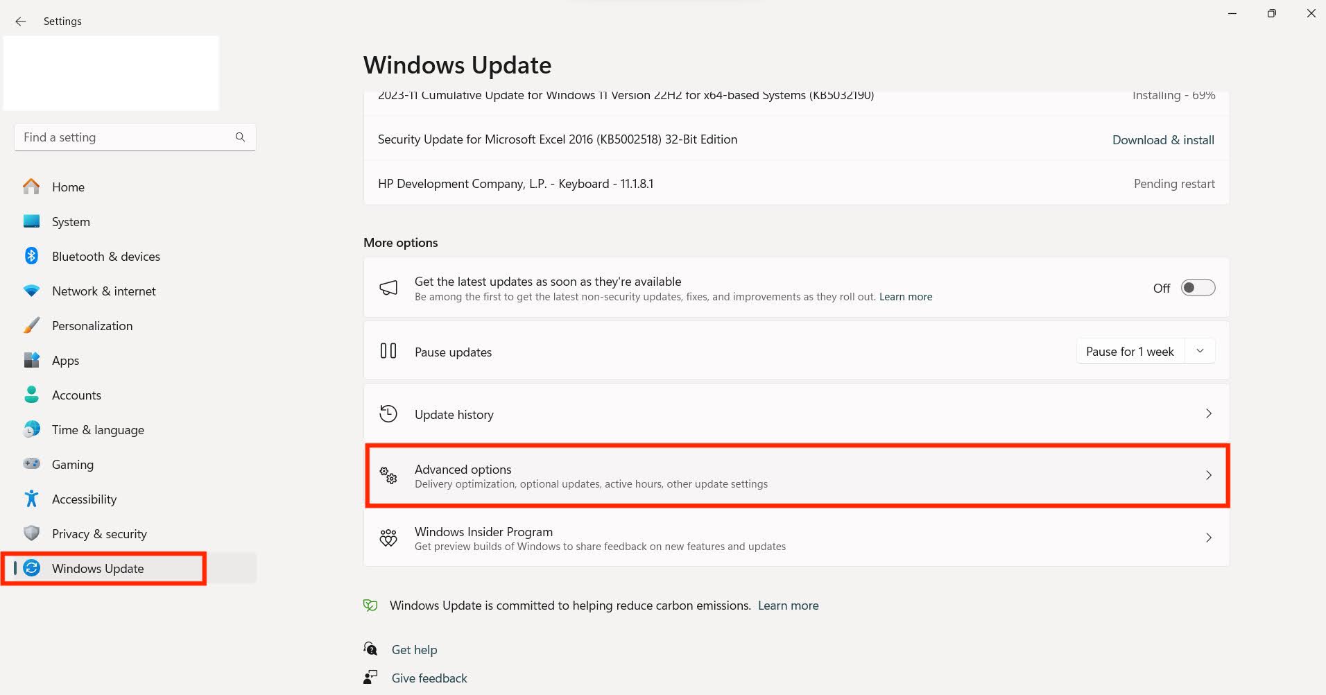 Settings menu on Windows 11, with the Windows Update side bar highlighted, along with the Advanced options. Settings menu on Windows 11, with the Windows Update side bar highlighted, along with the Advanced options.