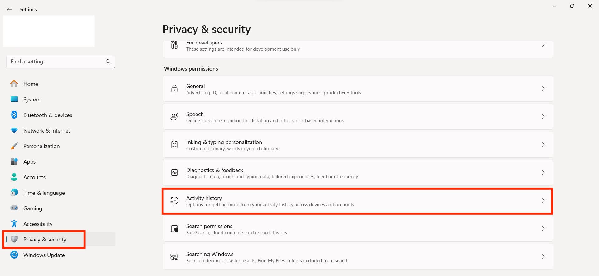 Settings menu on Windows 11, with the Privacy & Security side bar highlighted, along with the Activity history option. Settings menu on Windows 11, with the Privacy & Security side bar highlighted, along with the Activity history option.