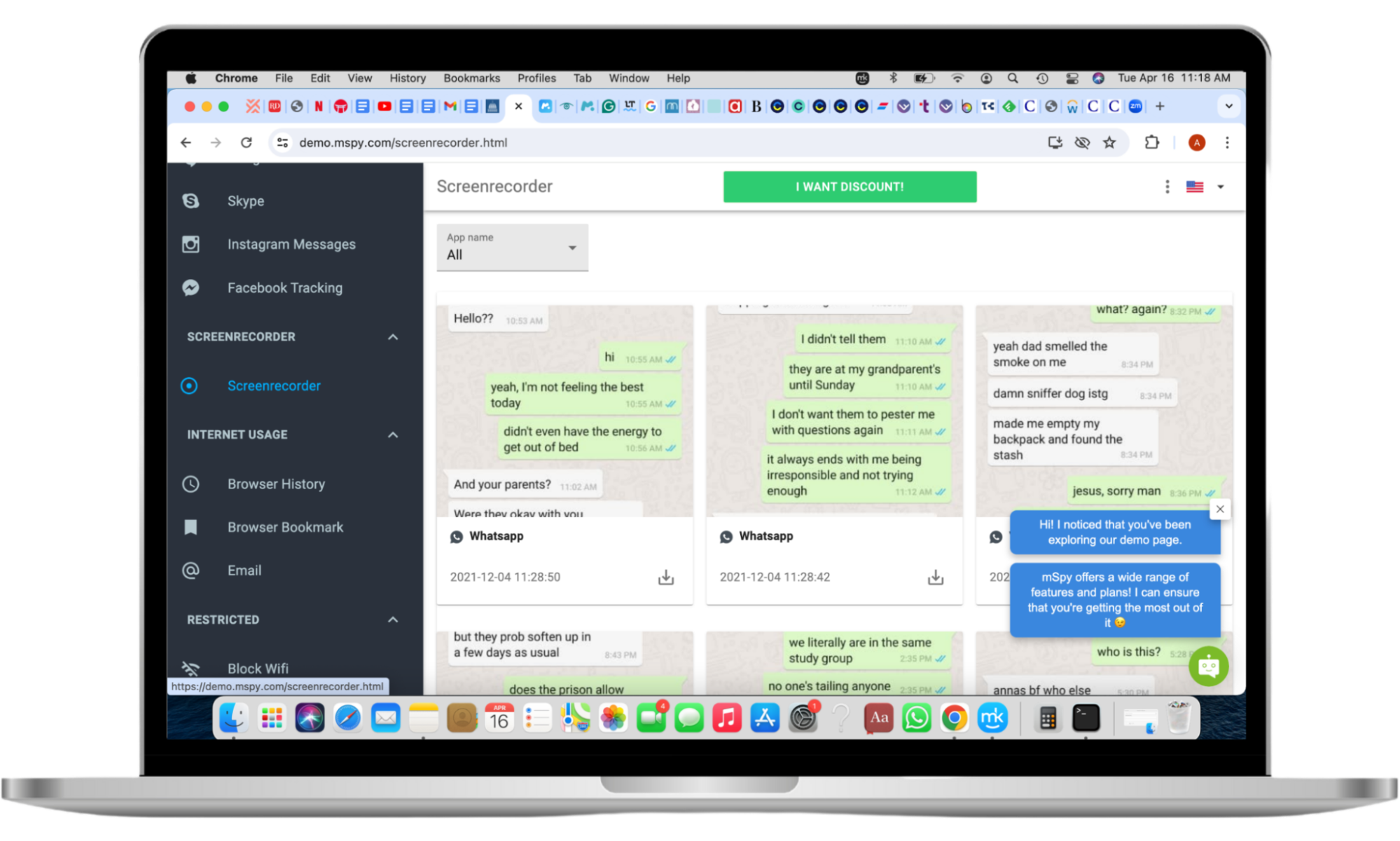 A mockup of mSpy's screen recorder displayed on a Mac desktop. It shows the target person's WhatsApp chats, including messages that were sent and received. A mockup of mSpy's screen recorder displayed on a Mac desktop. It shows the target person's WhatsApp chats, including messages that were sent and received.