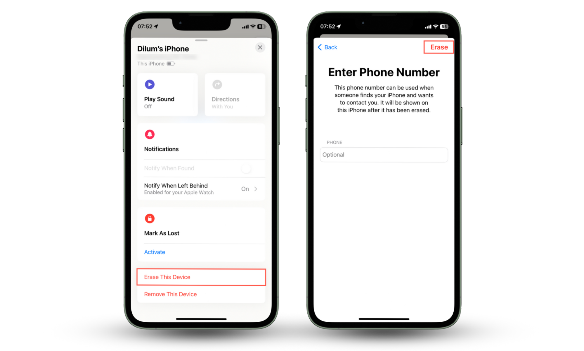 This Find My screenshot shows you how to remotely erase data on a device. This is an optional action you can take after you disable a lost iPhone. This Find My screenshot shows you how to remotely erase data on a device. This is an optional action you can take after you disable a lost iPhone.