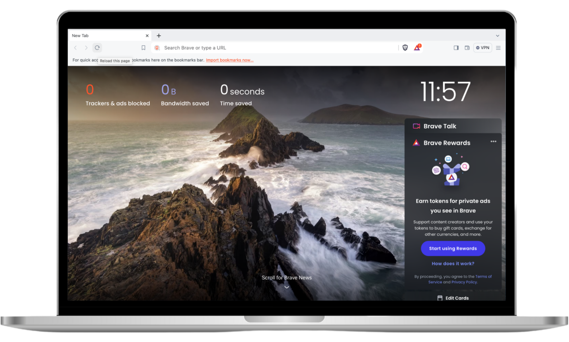 The Brave browser's home page is opened on a Mac screen. On the screen is the search bar, time, and Brave features, including Talk and Rewards. The Brave browser's home page is opened on a Mac screen. On the screen is the search bar, time, and Brave features, including Talk and Rewards.
