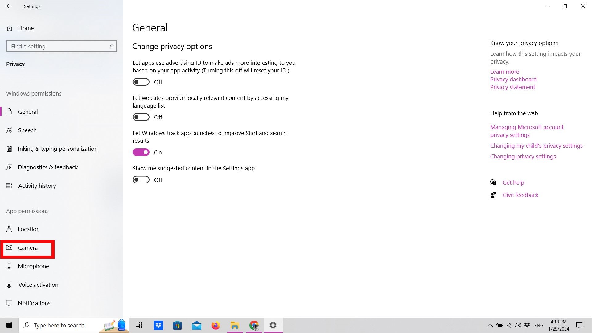Screenshot of the Privacy menu with Camera highlighted Screenshot of the Privacy menu with Camera highlighted