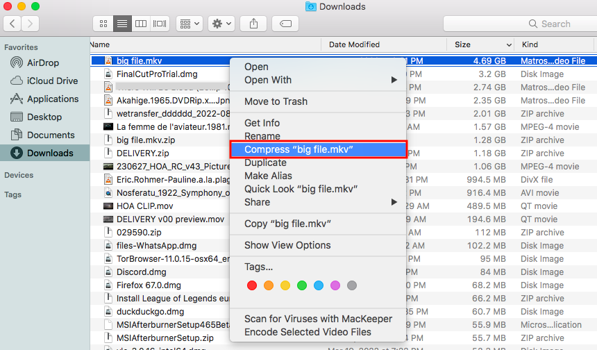 Compressing a large folder on macOS High Sierra by right-clicking a file and selecting Compress (as highlighted). Compressing a large folder on macOS High Sierra by right-clicking a file and selecting Compress (as highlighted).