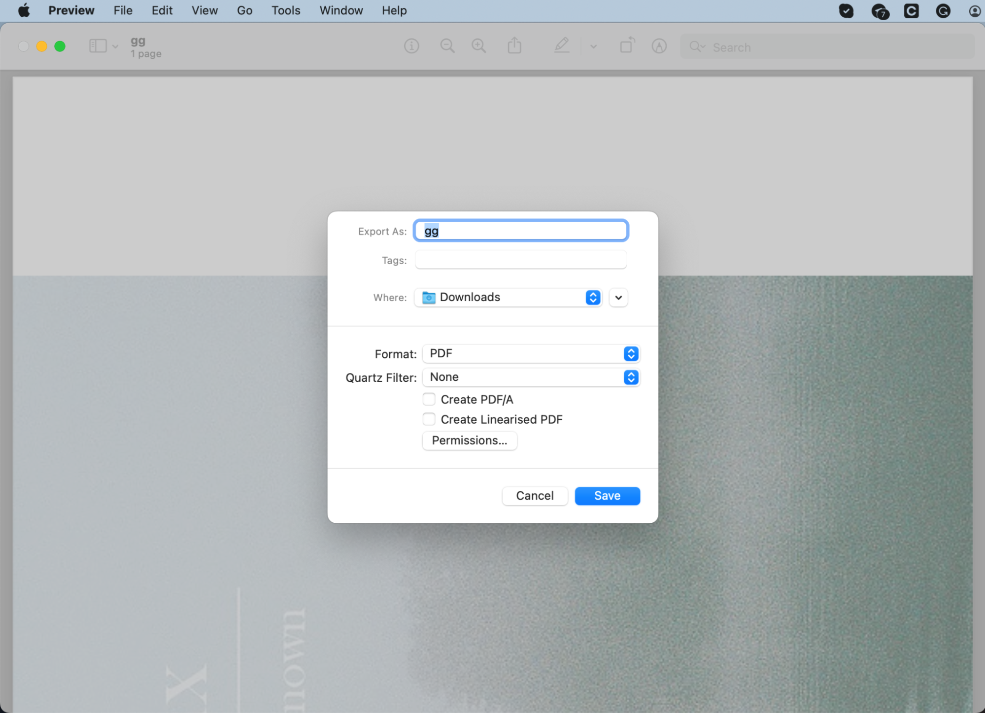 Preview shows the Export window when saving a new document. Click the Permissions button to add a password to your file. Preview shows the Export window when saving a new document. Click the Permissions button to add a password to your file.