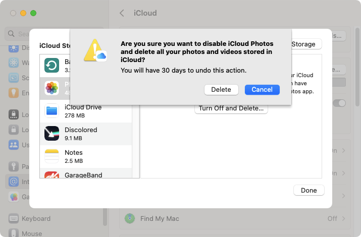 A macOS system dialogue asking the user to confirm deletion of photos in iCloud and disabling of iCloud Photos. Click A macOS system dialogue asking the user to confirm deletion of photos in iCloud and disabling of iCloud Photos. Click