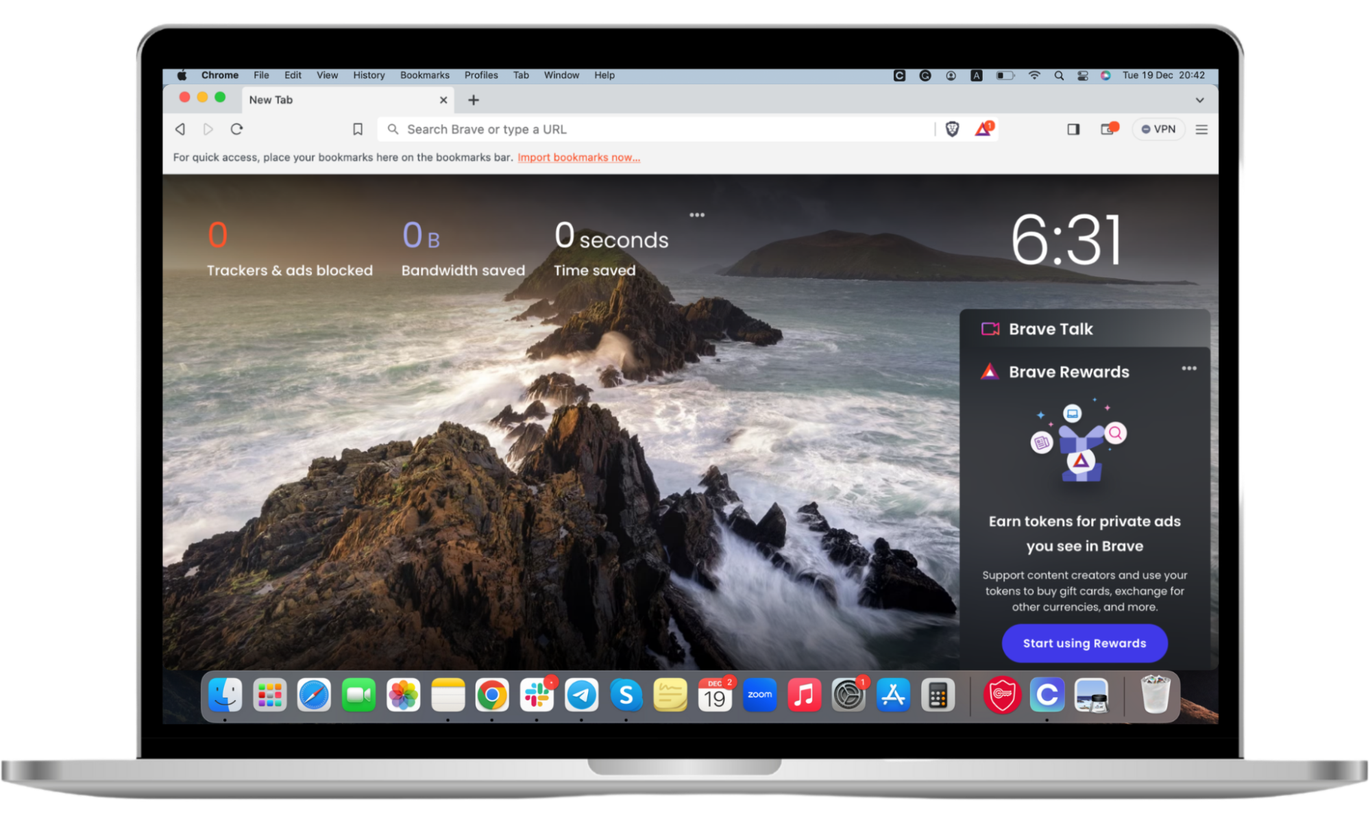 Brave browser home page on a Mac screen. Brave browser home page on a Mac screen.