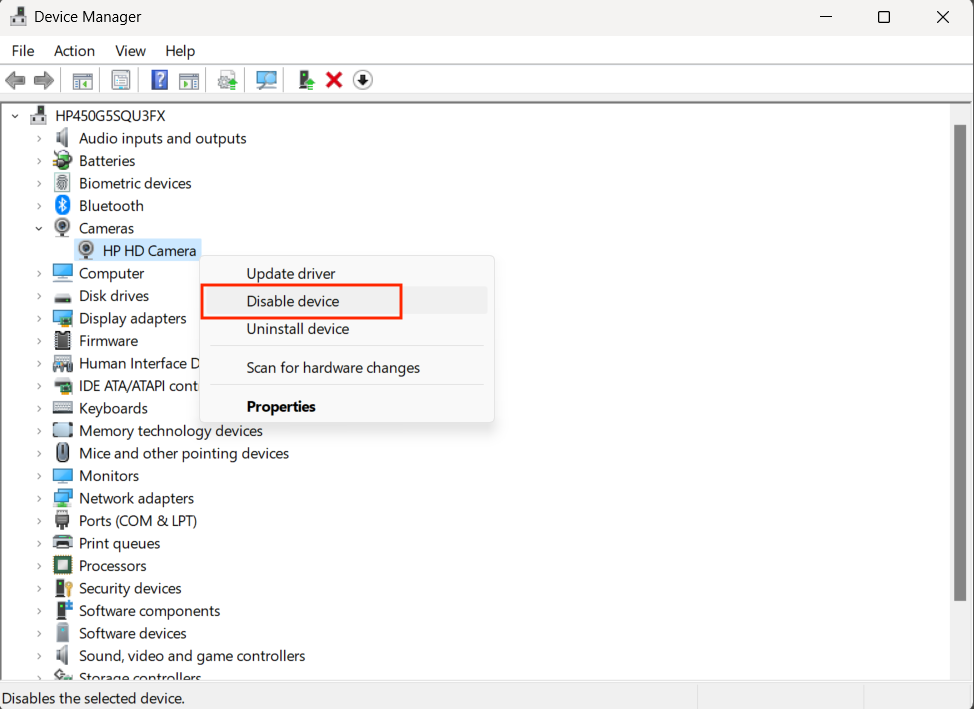The device manager window on Windows 11, with a Microphone option right-clicked and disable device highlighted. The device manager window on Windows 11, with a Microphone option right-clicked and disable device highlighted.