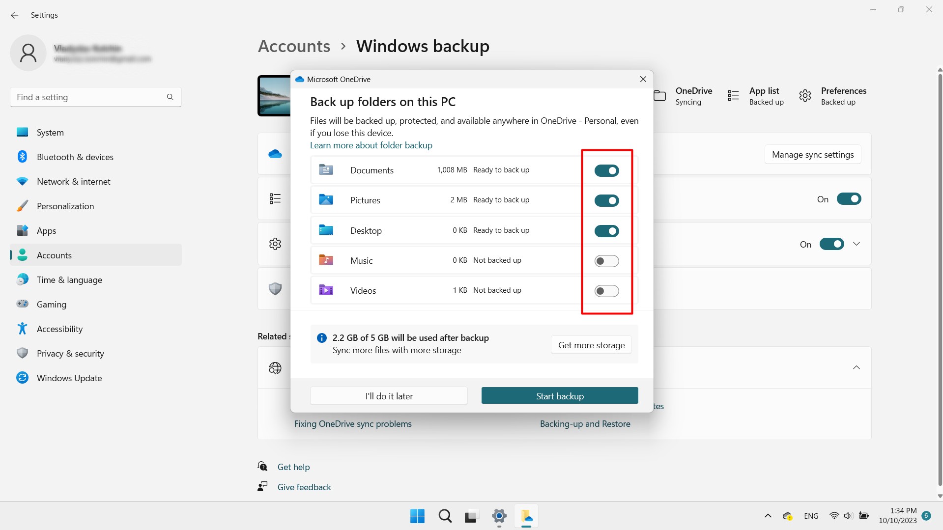 Selecting folders to backup to OneDrive. Selecting folders to backup to OneDrive.