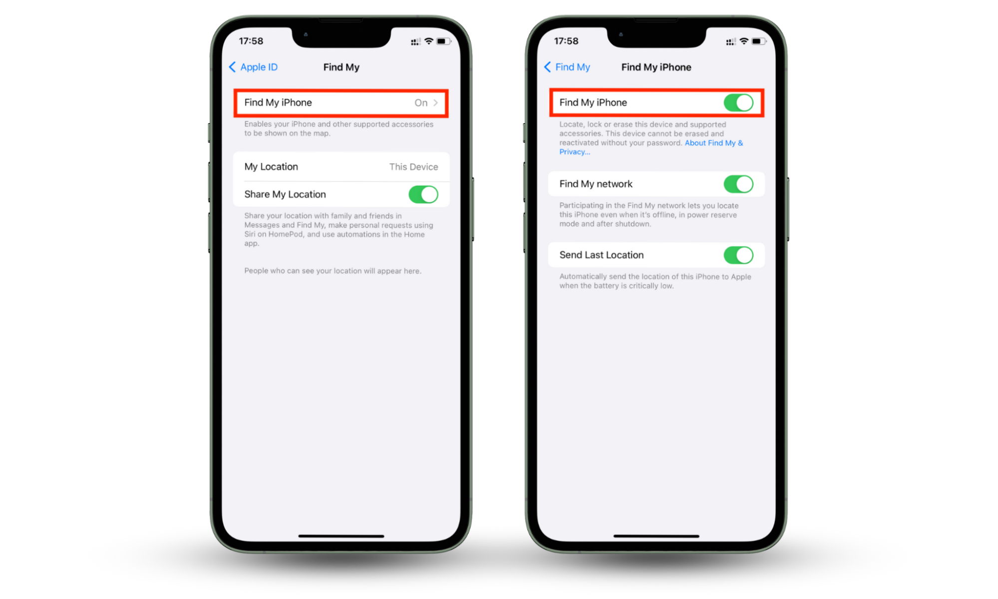 iPhone screenshots depicting instructions on how to enable Find My iPhone on iPhone. iPhone screenshots depicting instructions on how to enable Find My iPhone on iPhone.
