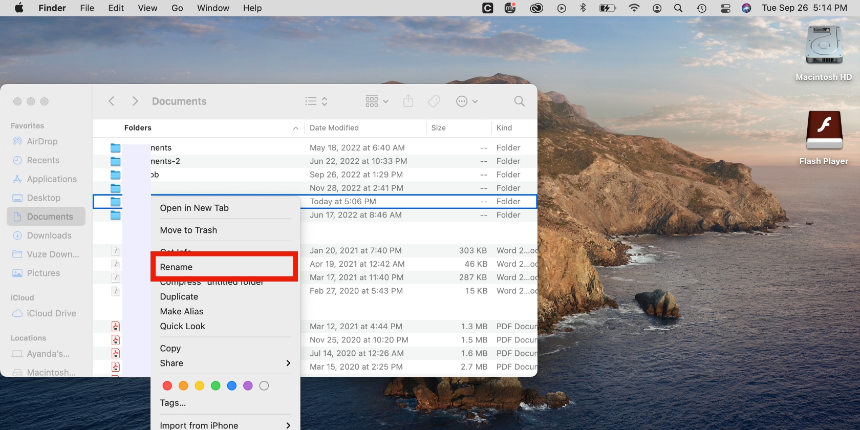 Renaming a new folder in Documents on a Mac by choosing the Rename option on the file menu. Renaming a new folder in Documents on a Mac by choosing the Rename option on the file menu.