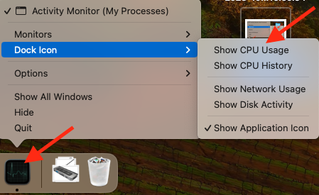 macOS shows the Activity Monitor in the dock. Right-click the icon, then select Show CPU Usage under Dock Icon to see a CPU usage monitor. macOS shows the Activity Monitor in the dock. Right-click the icon, then select Show CPU Usage under Dock Icon to see a CPU usage monitor.