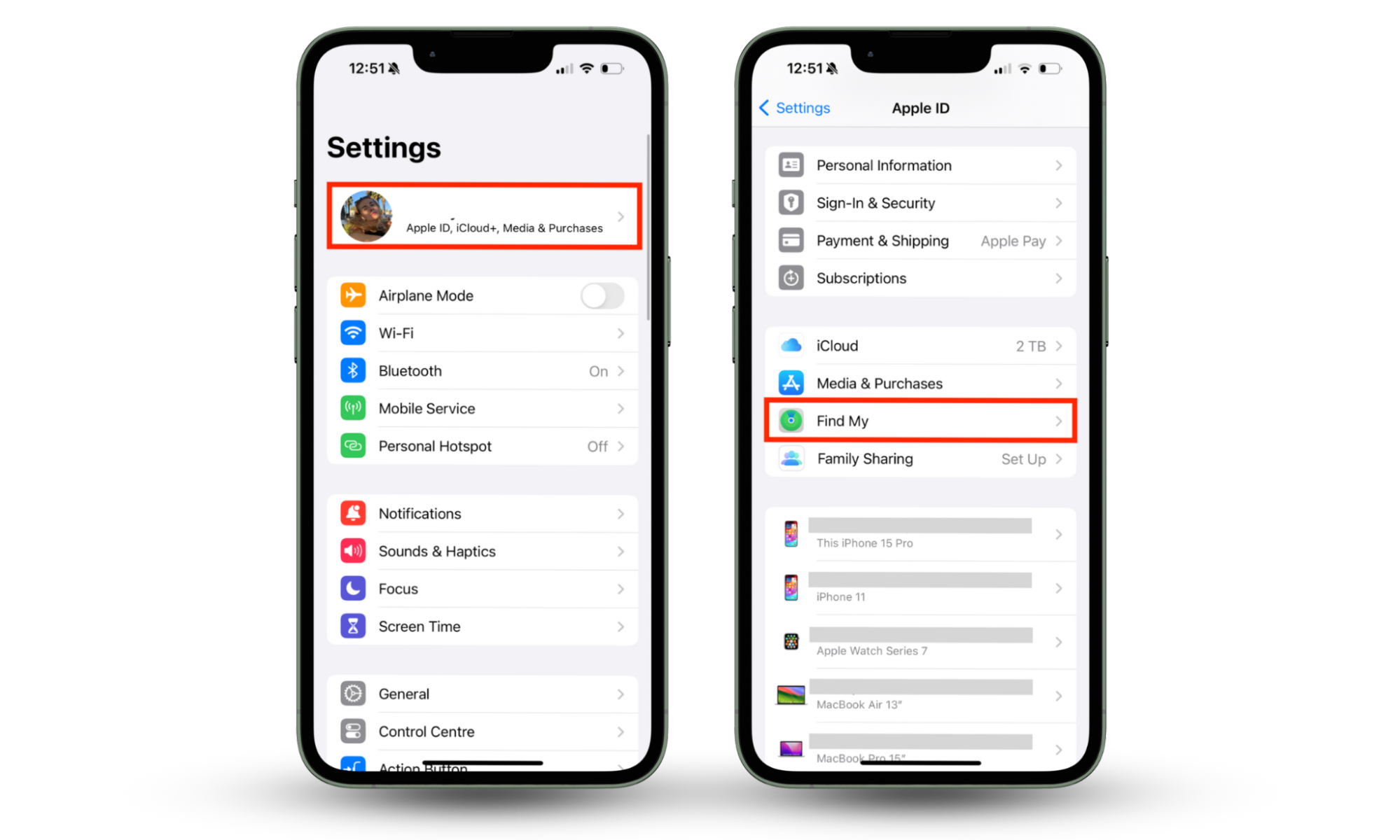 Screenshots of the Settings app on iPhone showing how to find Find My settings on iPhone to prevent your wife from tracking you on your iPhone. Screenshots of the Settings app on iPhone showing how to find Find My settings on iPhone to prevent your wife from tracking you on your iPhone.
