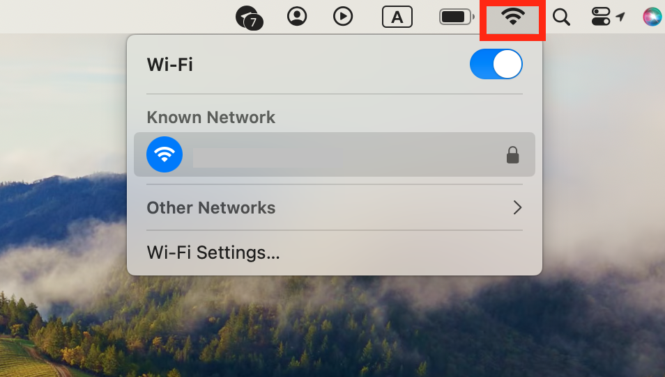 A screenshot of the Mac Wi-Fi menu showing how to turn Wi-Fi off to remove malware from Mac. A screenshot of the Mac Wi-Fi menu showing how to turn Wi-Fi off to remove malware from Mac.