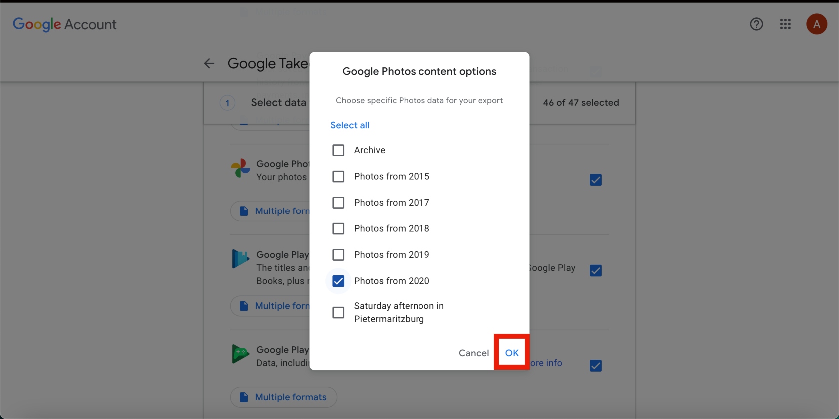 Google Photos content options in Google Takeout Google Photos content options in Google Takeout