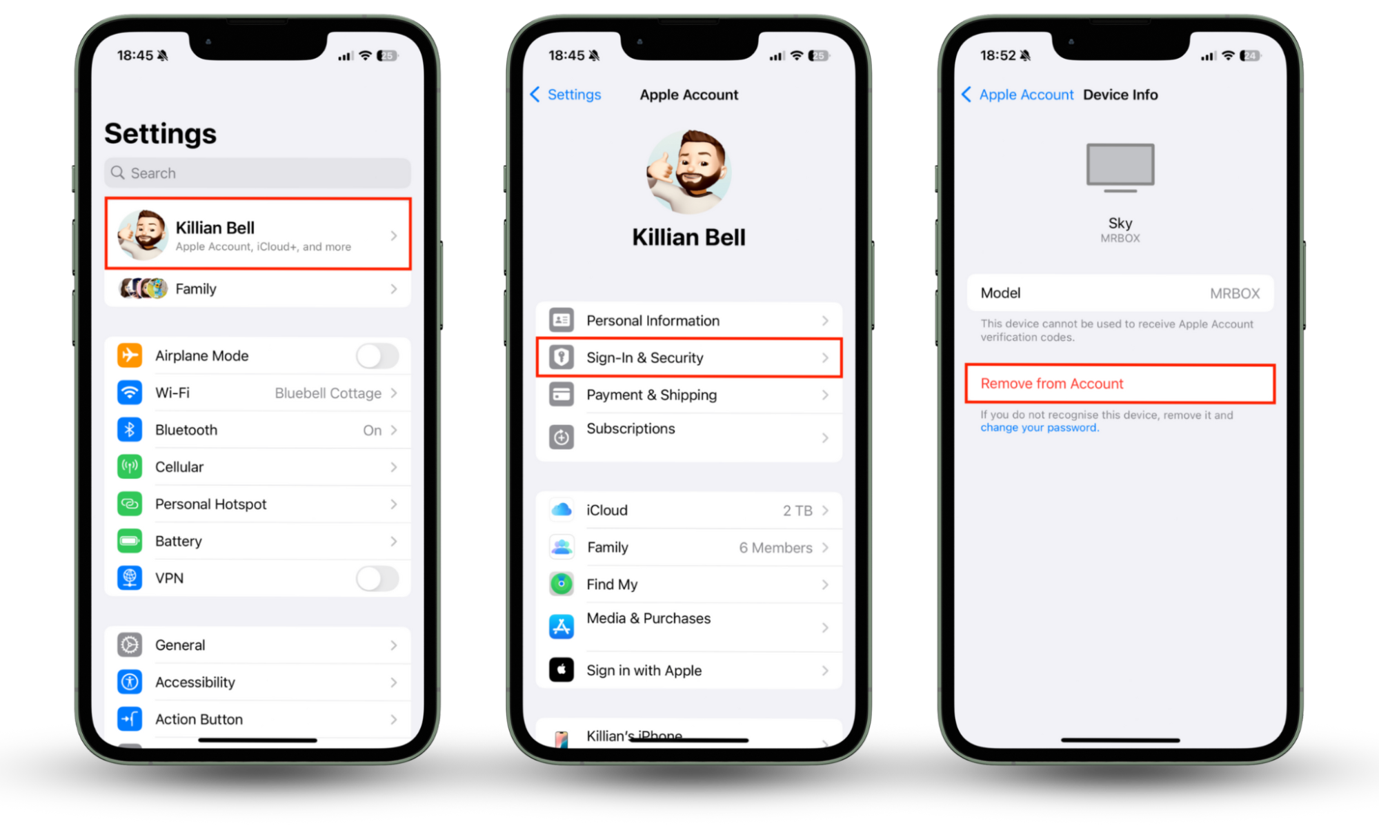 The Settings app on iPhone displaying a list of devices signed into an Apple ID. You can select a device to remove it from your account if your Apple ID is hacked. The Settings app on iPhone displaying a list of devices signed into an Apple ID. You can select a device to remove it from your account if your Apple ID is hacked.
