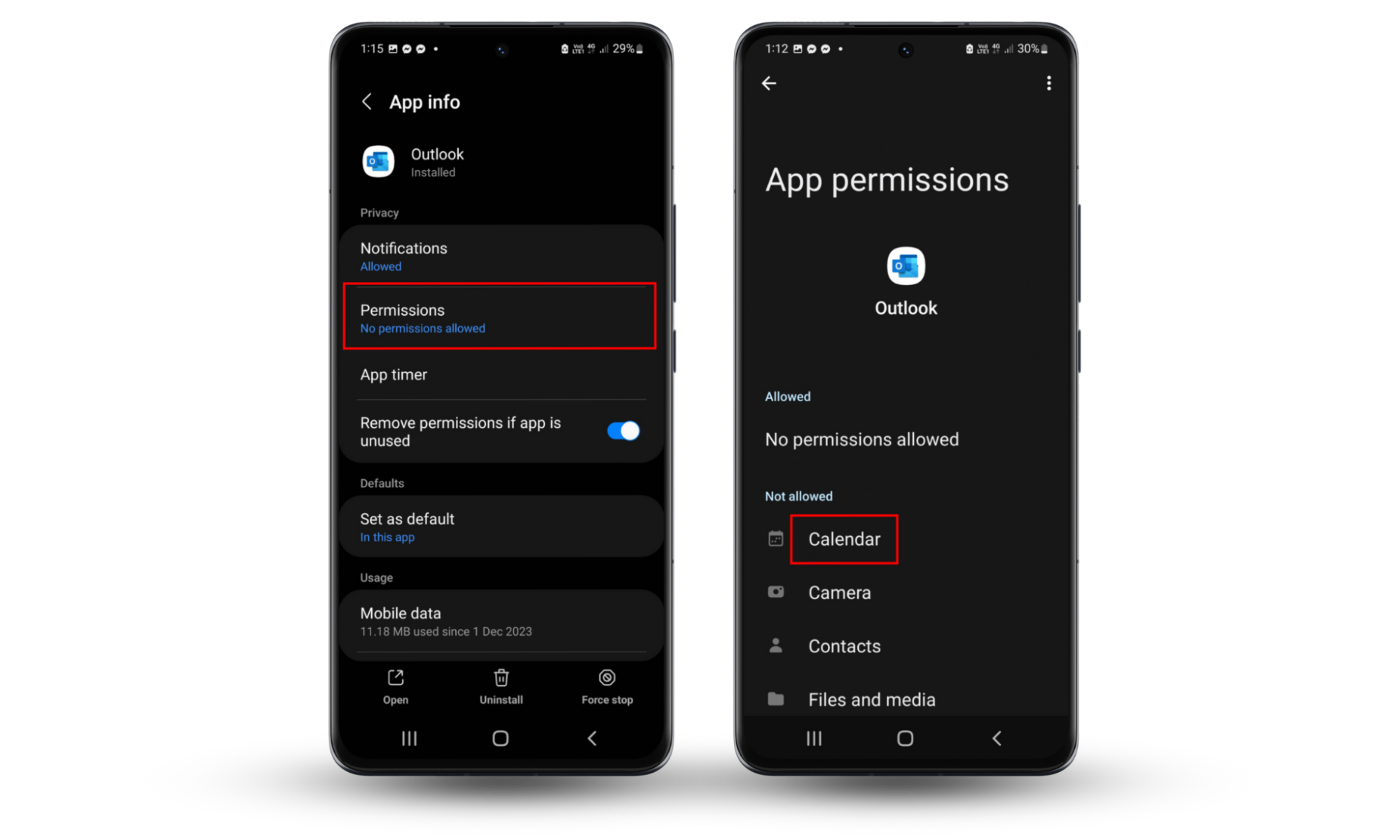 A screenshot of an Android settings menu showing how to reach the app permissions settings screen. A screenshot of an Android settings menu showing how to reach the app permissions settings screen.