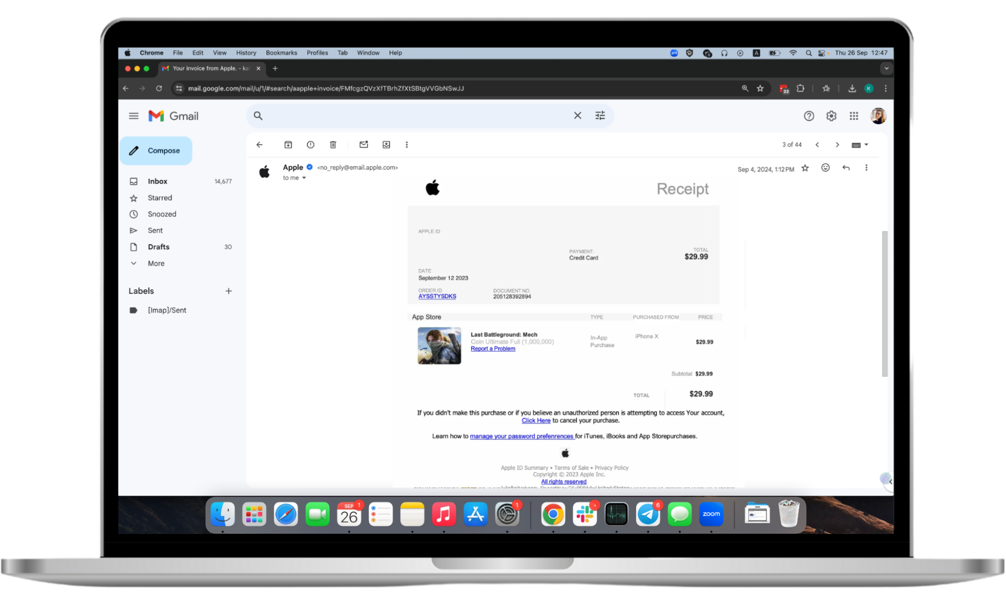 Screenshot of a fraudulent receipt used in a fake Apple scam showing a pretend purchase and linking to a dangerous website. Screenshot of a fraudulent receipt used in a fake Apple scam showing a pretend purchase and linking to a dangerous website.